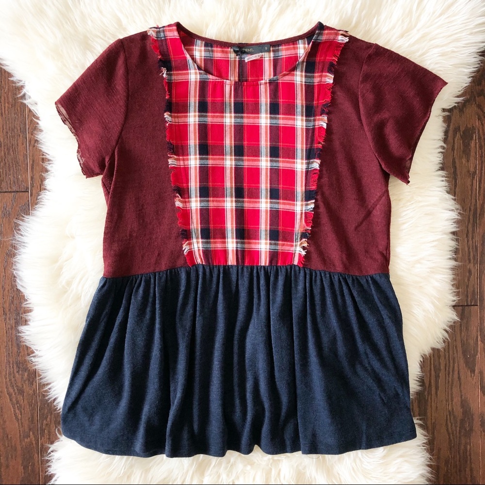 THML Short Sleeve Plaid Front Baby Doll Top S